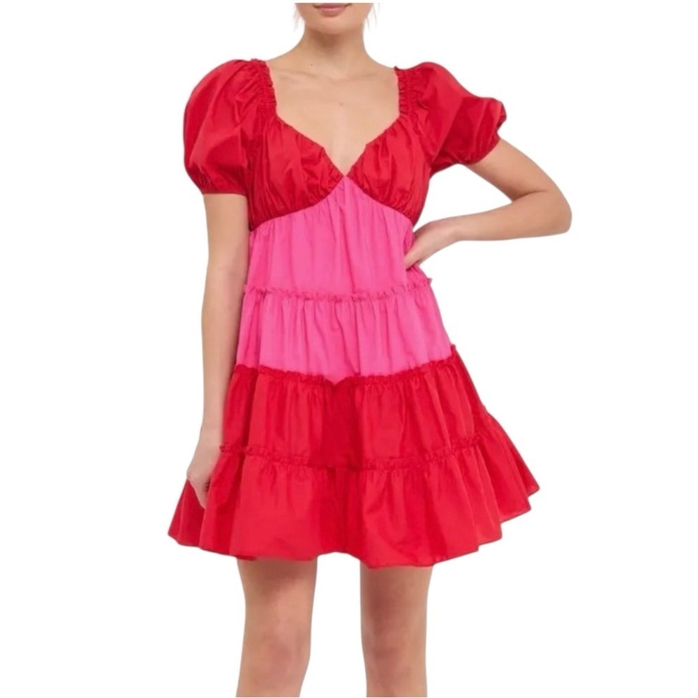 🔆 English Factory Red and Pink Ruched Puff Sleeve Mini Dress